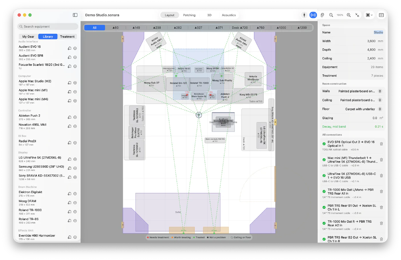 The Sonara plan view: a studio drawn to scale with the gear placed, cable runs shown and first reflections traced from each monitor to the walls